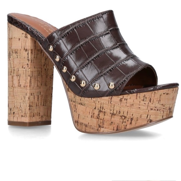 Kurt Geiger Shoes - Kurt Geiger London the Bree Croc Print Slides, Cork Heels, Studded, Size 38, 8.5